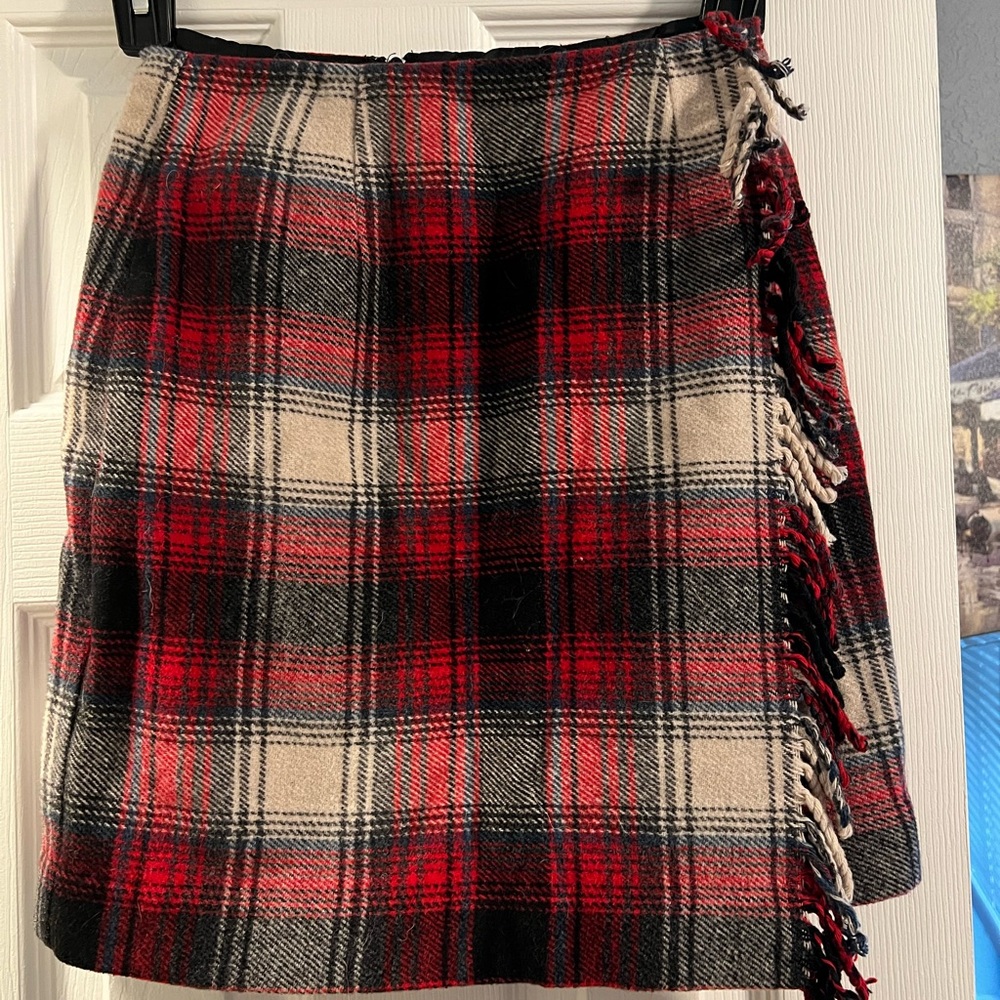 Talbots Red, Black & Cream Plaid Fringe Mini Skirt